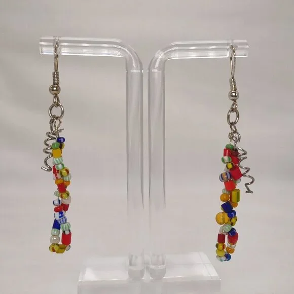 Multi-Colour Seed Bead Dangle Earrings 925 Hooks - Picture 1 of 8